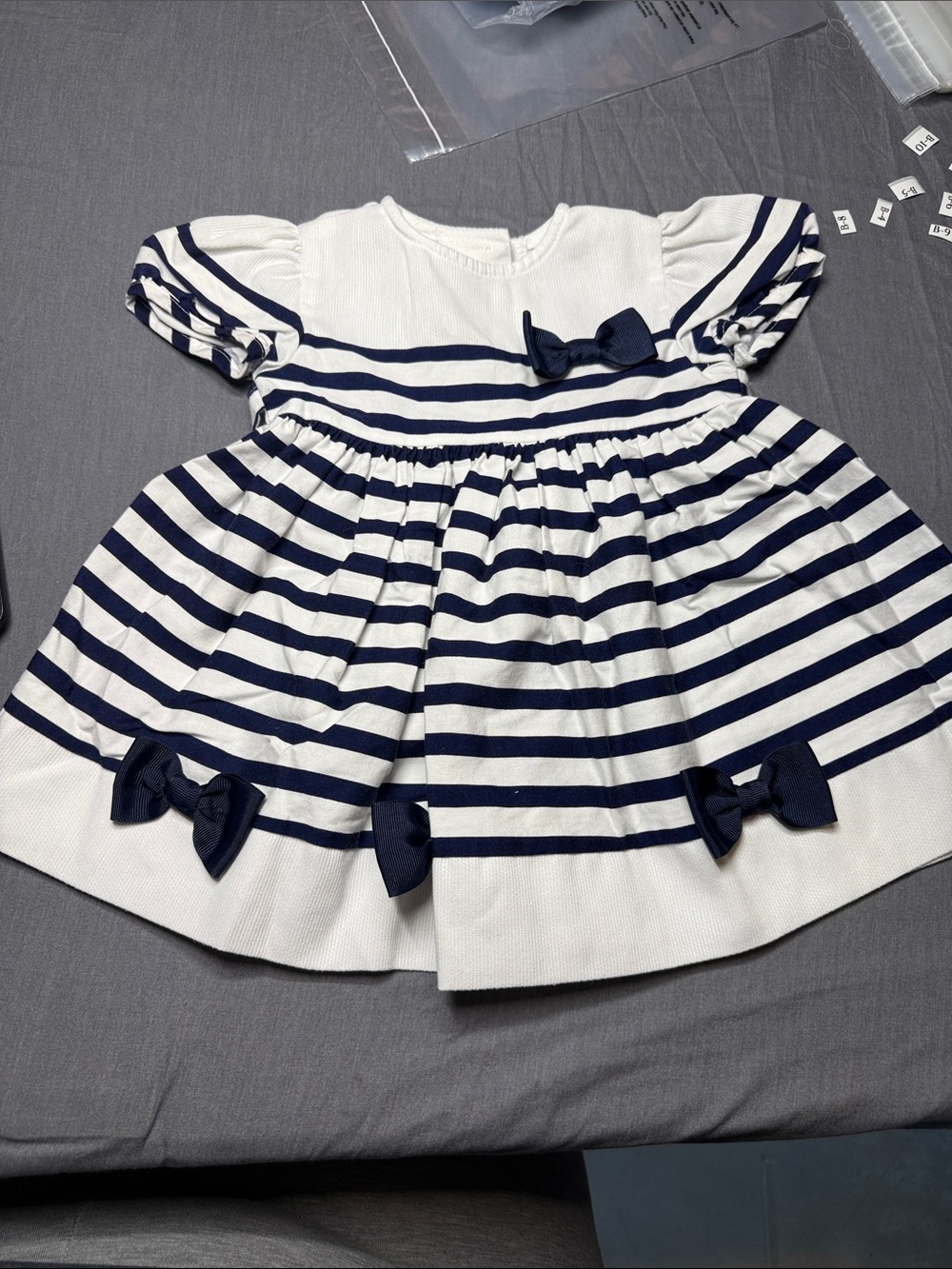 Bonnie baby Navy and White Striped Baby Dress with Navy Bow